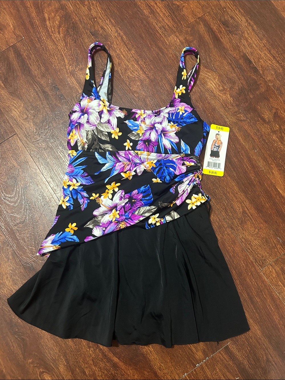 Floral Black One-Piece Swimdress with Skirt